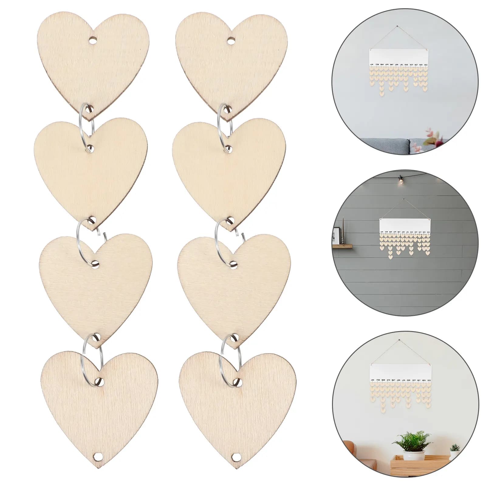 50 Pezzi di Fette di Legno a Forma di Cuore con Anelli in Ferro, Calendario Creativo da Appendere per Compleanni, Decorazione Unica per la Casa e la Famiglia
