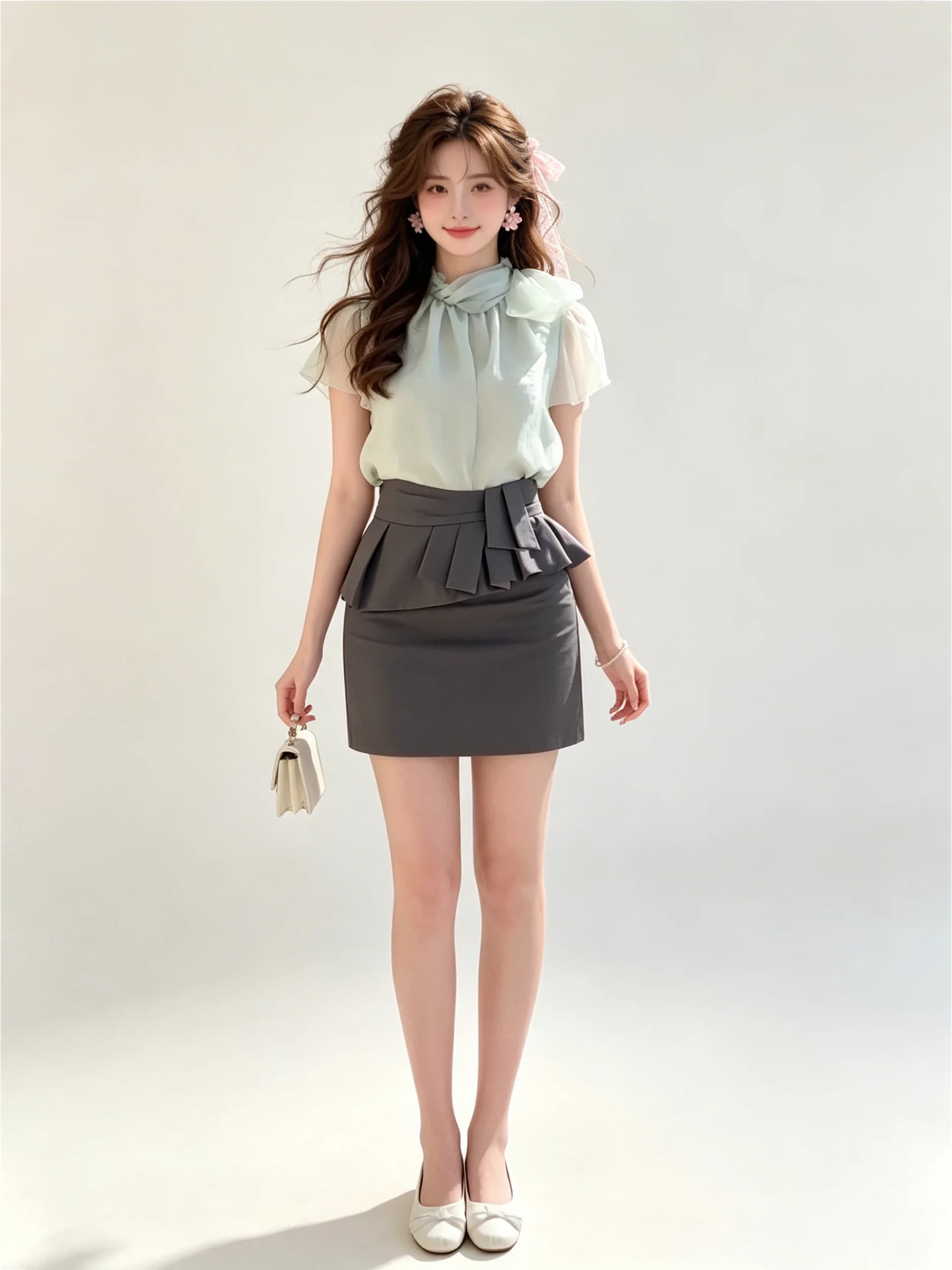 Elegant Miss Summer Outfit Women's Shawl Collar Knot Shirt And Skirt Two-Piece Set Breathable Lightweight Polyester