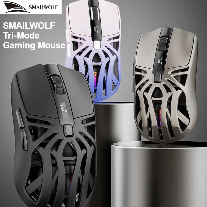 SMAILWOLF Mouse da gioco Tri-Mode ricaricabile, leggero, ergonomico, retroilluminato RGB con display digitale per giocatori su PC e laptop