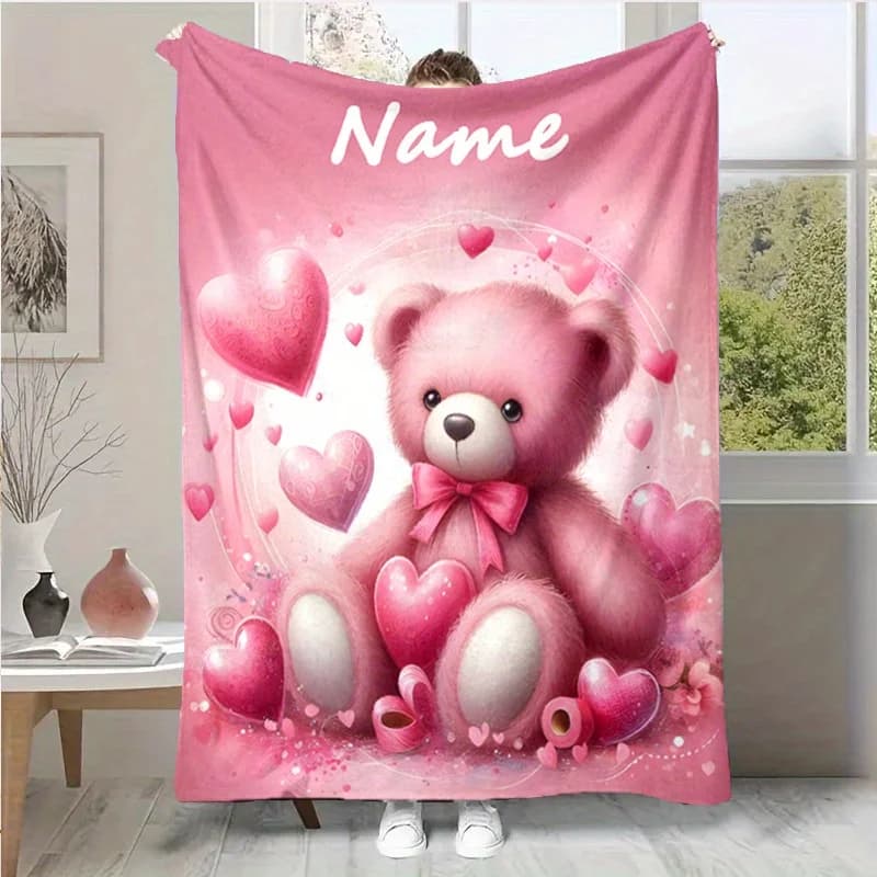 Customized name printed travel blanket, outdoor cute teddy bear personalized soft and warm shawl, suitable for beds, sofas, offi