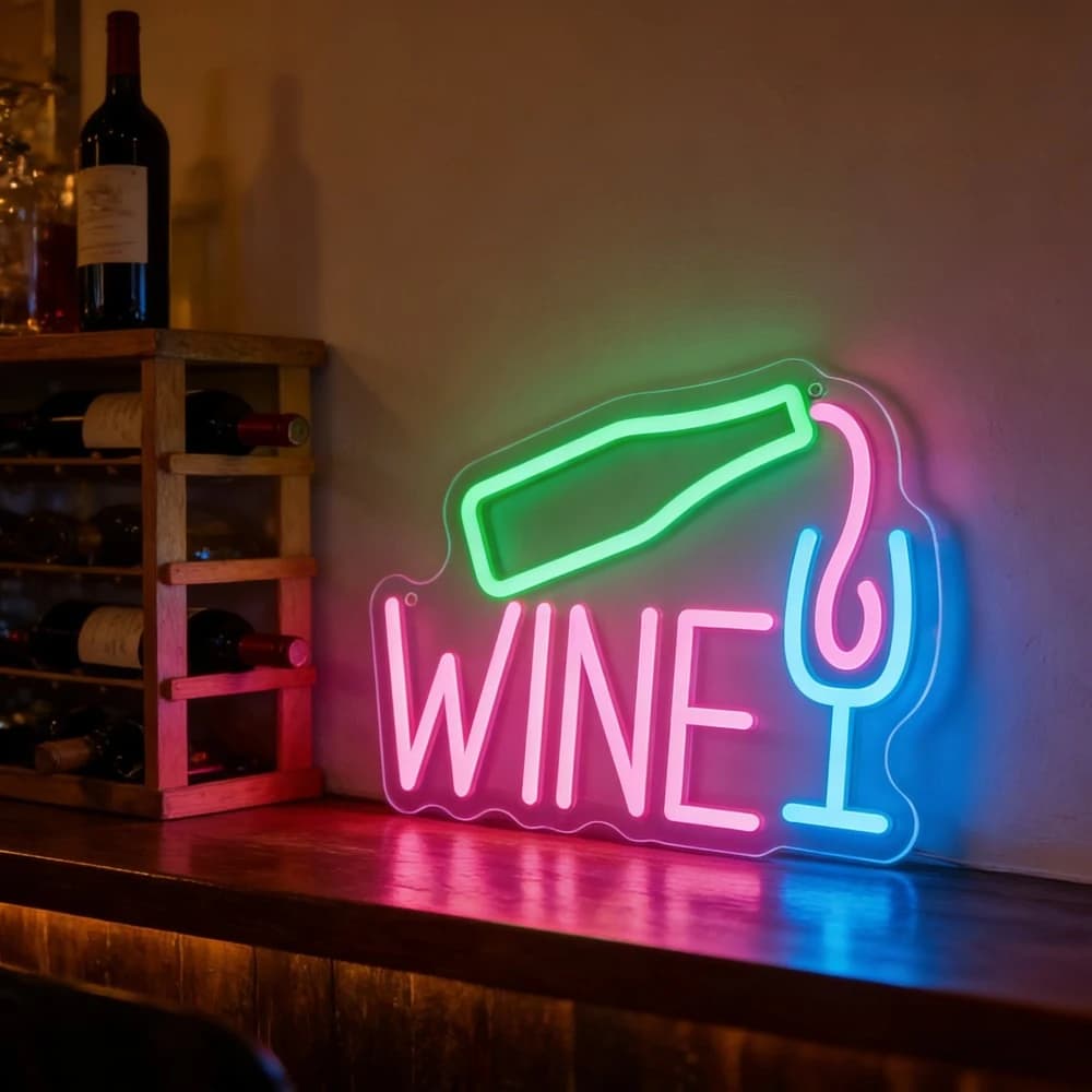 Insegna LED Neon Verde Vibrante con Bottiglia di Vino che si Versa nel Bicchiere, Decorazione da Parete per Casa, Bar, Pub, Ristorante, Illuminazione d'Atmosfera, Regalo