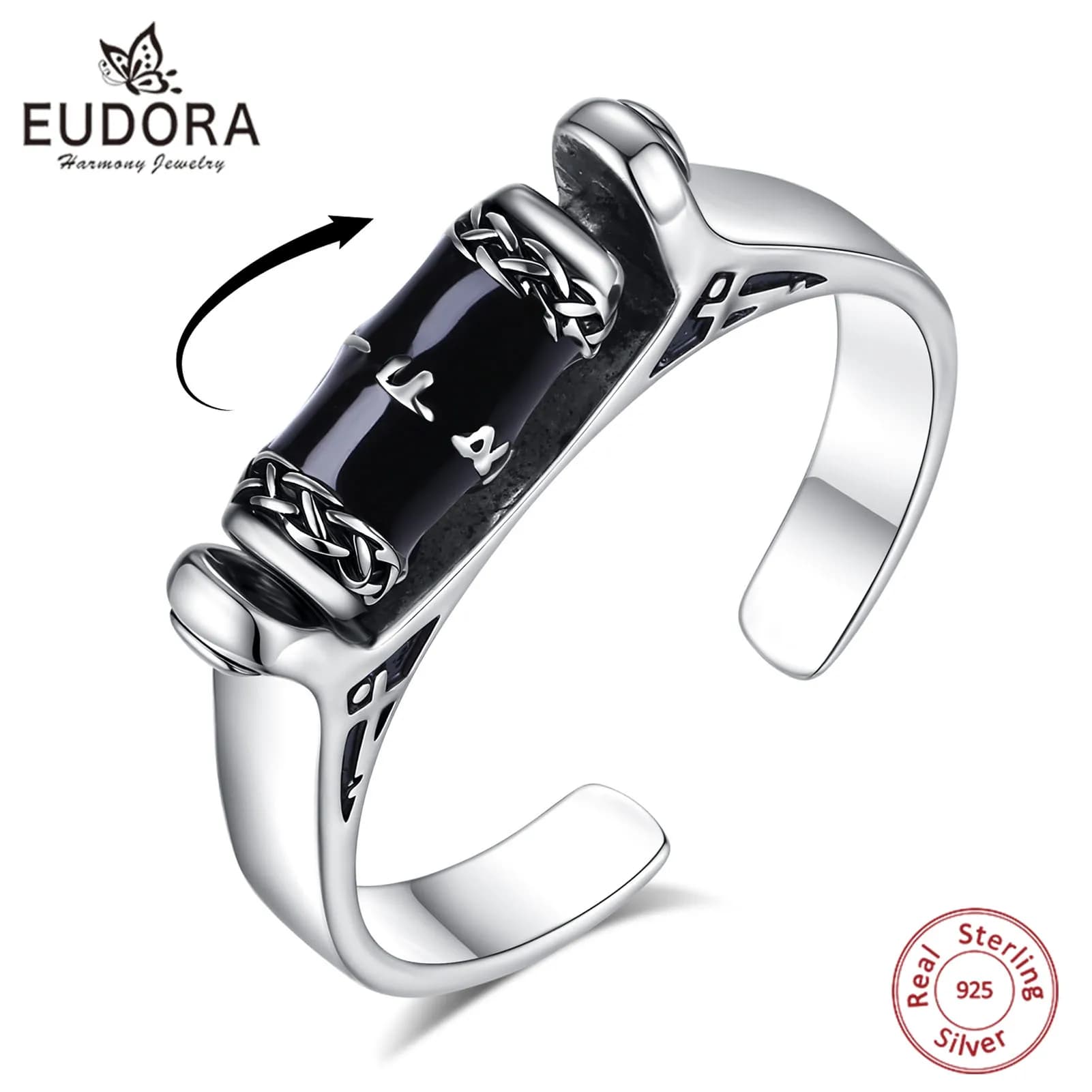 Eudora 925 Sterling Silver Viking Rune Anxiety Ring Obsidian Spinner Adjustable Ring Anti Stress Meditation Jewelry Gift for Men