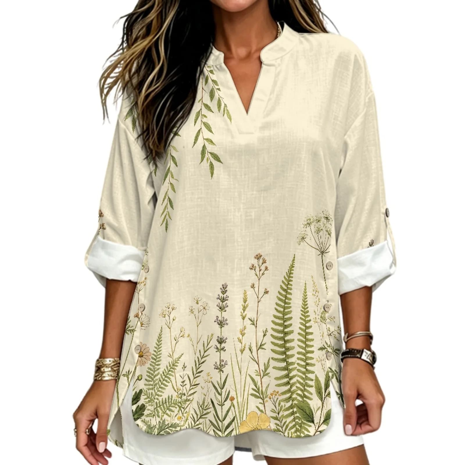 INSTANTARTS Women'S Linen V-Neck Shirt Breathable Long-Sleeved Top Blouse Roll-Up Cuff Lightweight Comfortable Soft Retro Flower