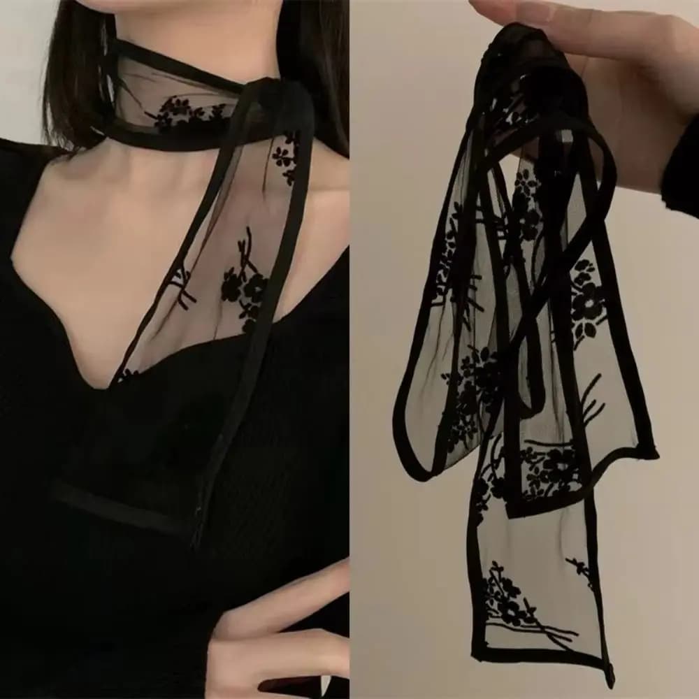 Y2k Sweet Flower Lace Neck Strap Decoration For Dress Korean Style Hair Band Neck Handkerchief Transparent Long Ribbon Head