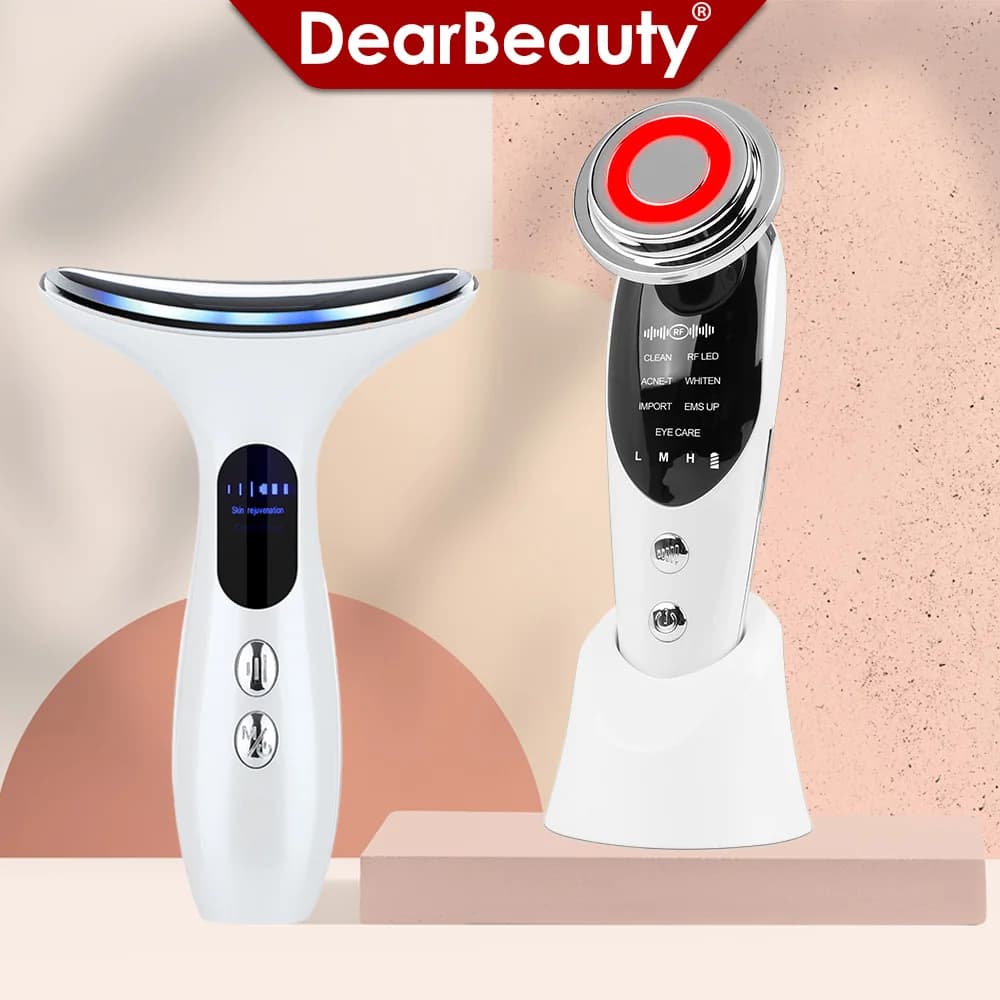 Dispositivo per il lifting del viso 7in1 EMS RF Microcorrente per il ringiovanimento della pelle Massaggiatore facciale + Dispositivo per la bellezza del viso del collo a 3 colori Rimozione del doppio mento