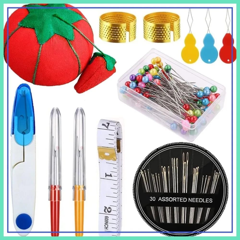 Kit da Cucito da 140 Pezzi con Porta Spilli a Forma di Pomodoro, Spilli con Testa in Vetro, Aghi Autosfilanti, Forbici, Ditali, Metro a Nastro
