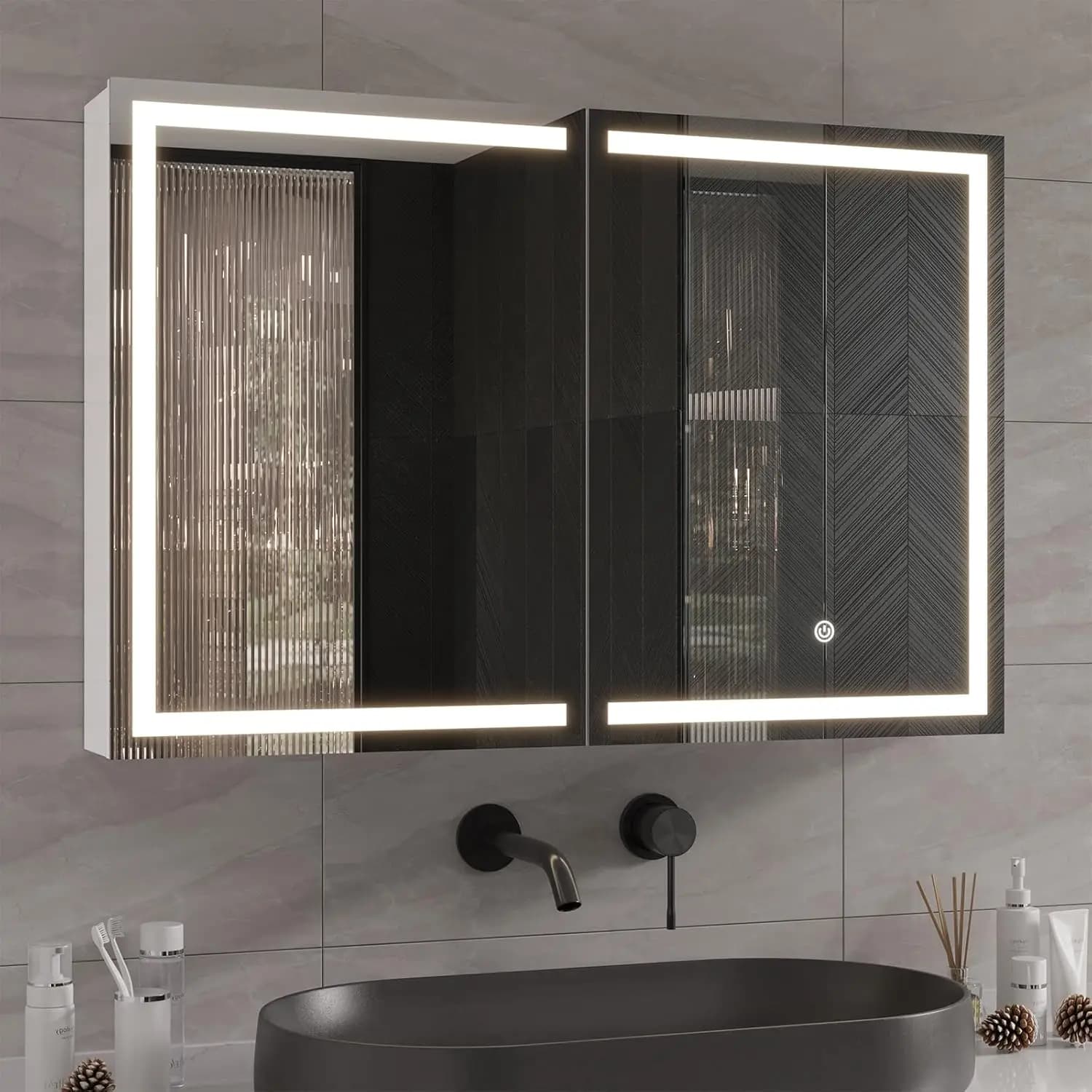 Armadietto per medicinali con specchio e luce LED, specchio da bagno a parete con vano portaoggetti, 3 ante, personalizzabile