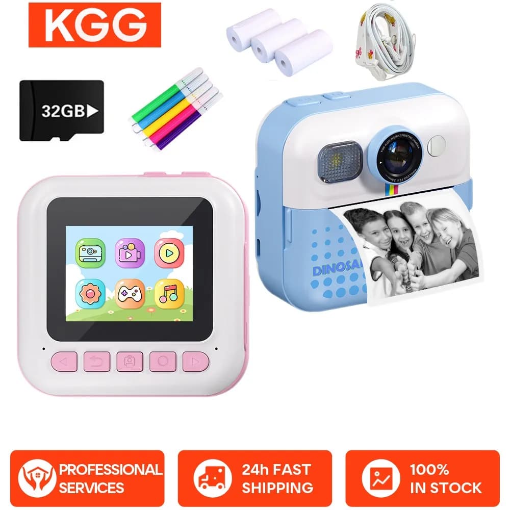 Giocattolo per fotocamera digitale per bambini Stampa istantanea per bambini Fotocamera per stampa termica Fotocamera per stampa fotografica istantanea Giocattoli video + Scheda di memoria 32G