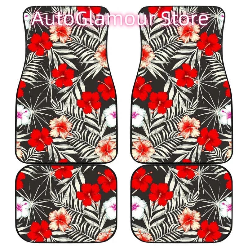 Tappetini per auto anteriori e posteriori con motivo ibisco tropicale bianco, set completo di tappeti pesanti anteriori e posteriori, confezione da 4 pezzi