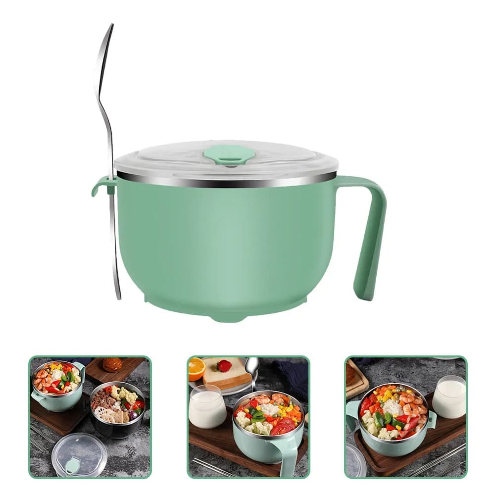 1Set Stainless Steel Lunch Bowl 1200Ml Lidded Noodle Bowl Anti-Scald Grip Portable Food Container for Rice Soup Salad Anywhere