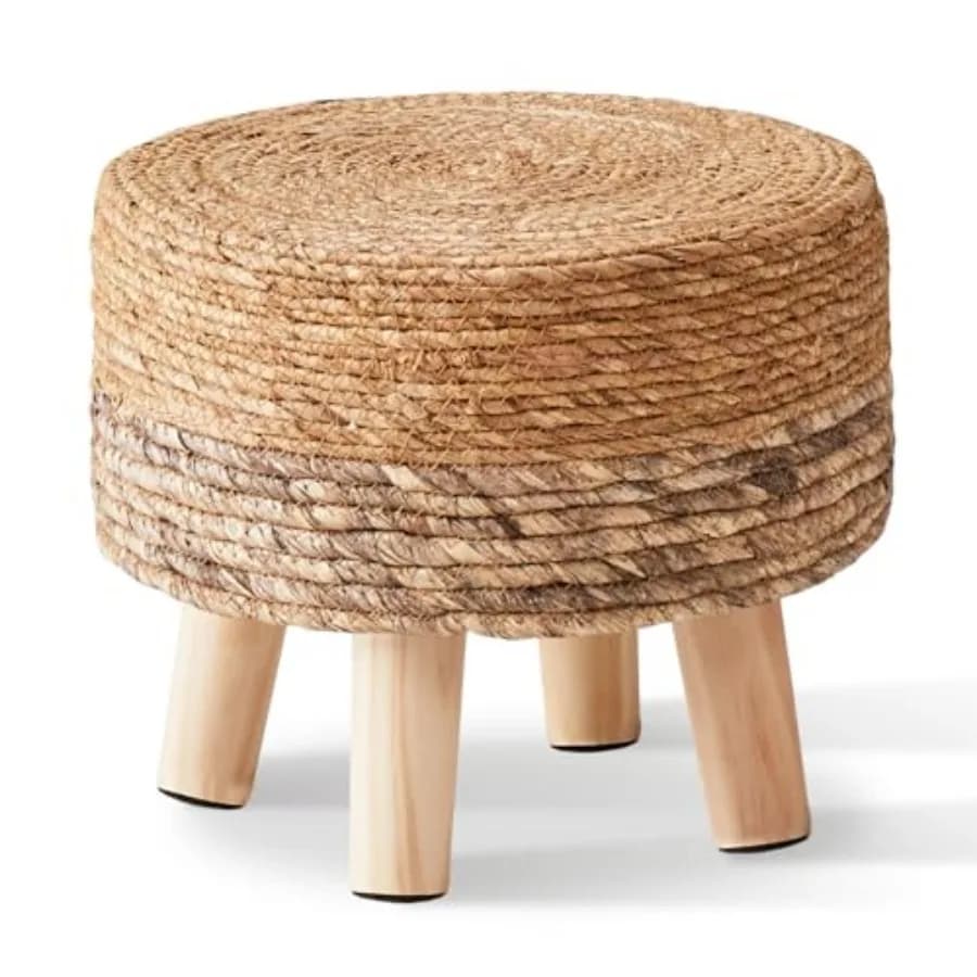Pouf Rotondo in Giunco Marino Naturale Intrecciato a Mano, Poggiapiedi Ottomano per Divano, Scrivania, Seduta Extra, Sgabello con Base in Legno Massello