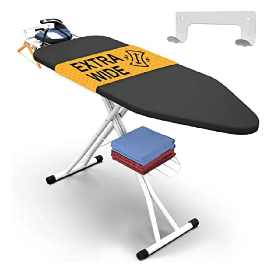 Asse da Stiro Full Size 57 X 18 con Supporto a Parete, Struttura Completamente in Metallo, Tessuto Resistente al Calore e alle Bruciature, Foro per Cavo