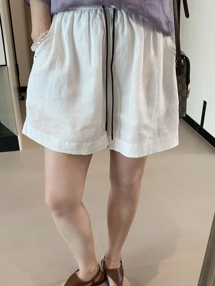 Pantaloncini a vita alta da donna, modello A-Line, estivi, casual, larghi, a gamba larga, con coulisse e vita elasticizzata, in puro lino sottile
