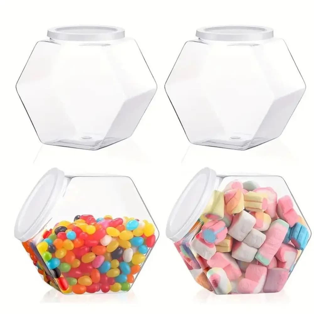Barattolo Esagonale Portatile per Caramelle e Biscotti, Contenitore in Plastica Trasparente Riutilizzabile con Coperchio, Contenitore per Alimenti, Accessori da Cucina