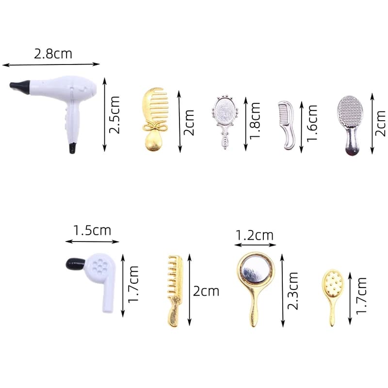 Set di Accessori per Casa delle Bambole in Miniatura 1:12: Pettine, Specchio, Asciugacapelli, Modellino Decorativo per Casa delle Bambole