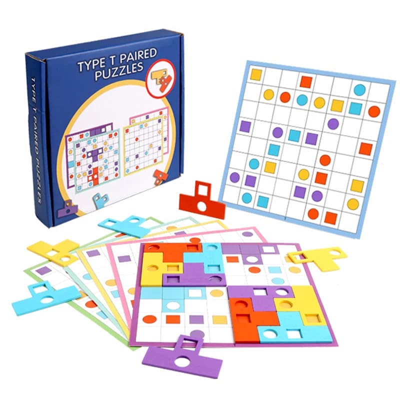Giocattolo puzzle di blocchi di abbinamento a forma di T con lettere in legno per lo sviluppo di abilità di logica e concentrazione di riconoscimento dei colori