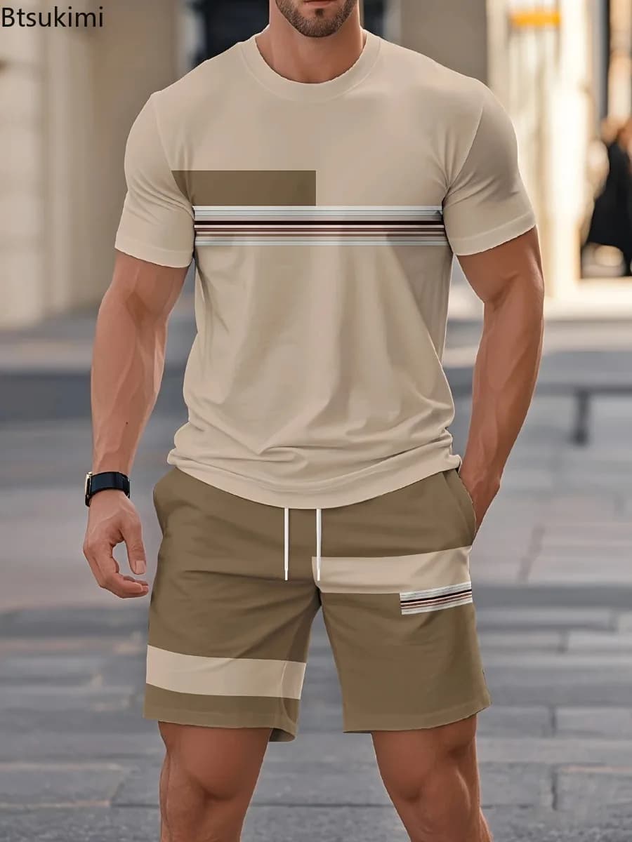 New Men Two Piece Set Men 3D Digital Print Short Sleeve T-Shirt and Beach Shorts Set Casual Breathable Daily Beach Tracksuit Set