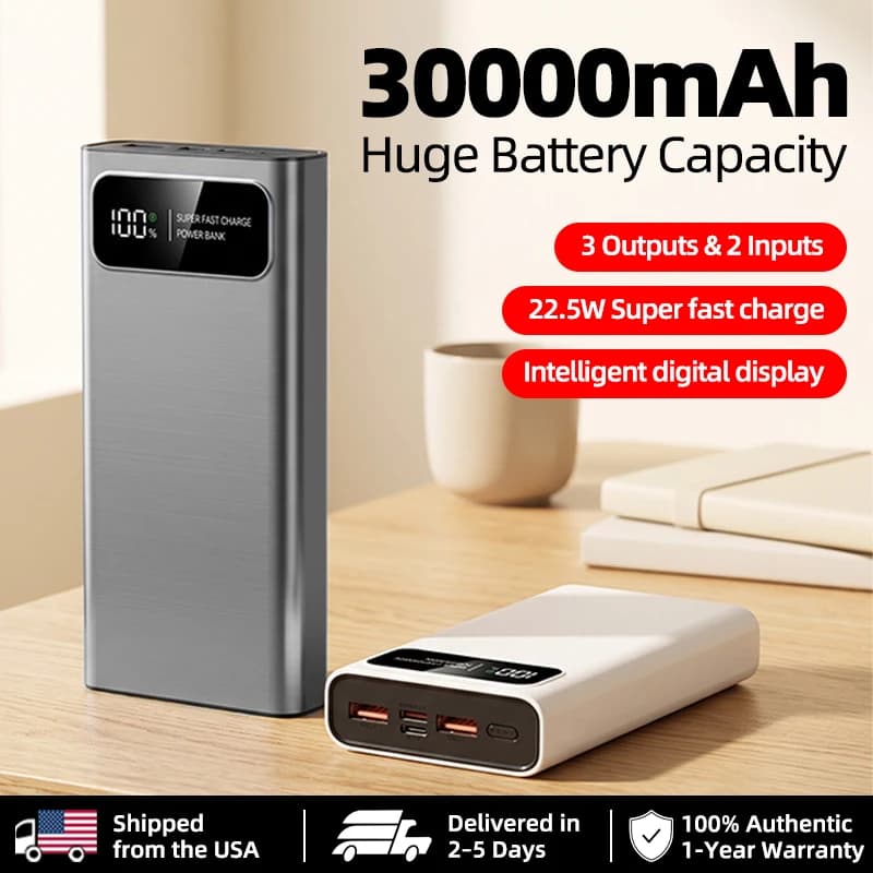 30000mAh Power Bank, US Local Warehouse, 22.5W Fast Charging Portable Charger, LED Digital Display, Charge Up to 3 Devices, High Capacity Battery Pack Compatible with iOS & Android, Fast US Shipping
