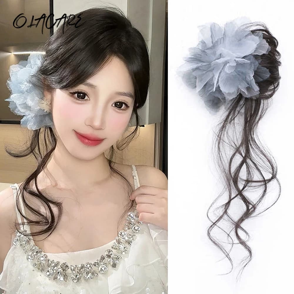 Synthetic Short Wavy Curly Flower Messy Elegant Bun Hair Piece Claw Clip Tousled Updo Hair Buns Hairpiece Extensions for Women