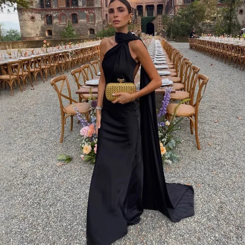 Women's Dress Temperament Elegant Satin Off-the-shoulder Sleeveless Ribbon Party Dress