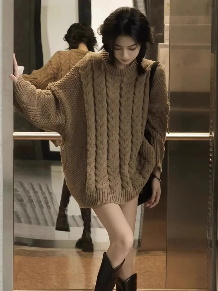 Maglione da donna autunno inverno in maglia larga stile casual, versatile, a maglia grossa, girocollo, pullover, capospalla