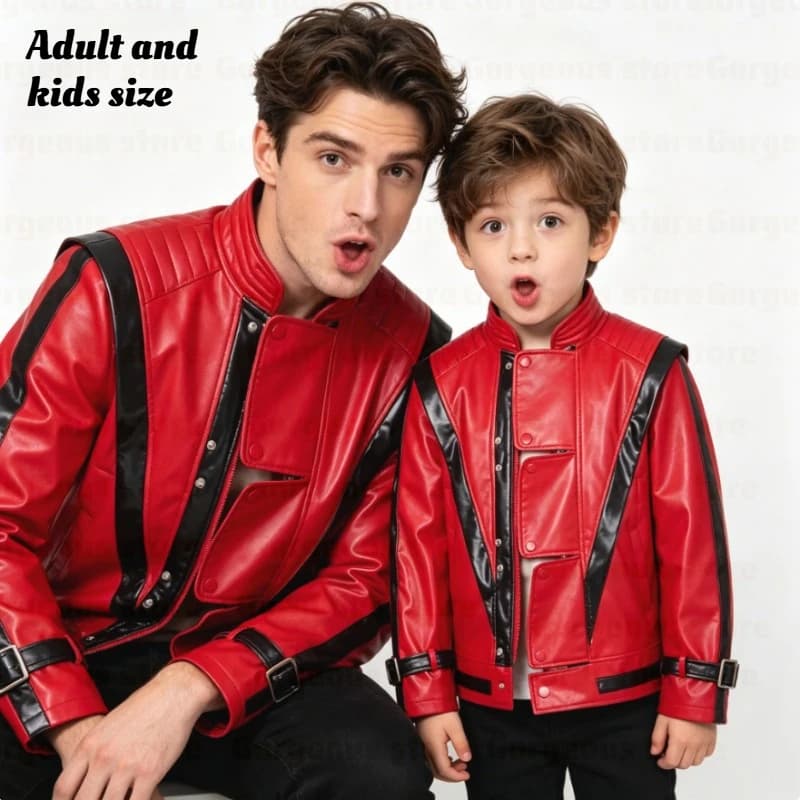 Adult Kids Men's Cosplay Jacket For Michael Jackson Impersonator Party Male Top Coat Costume Red Leather Jacket for Thriller Cos