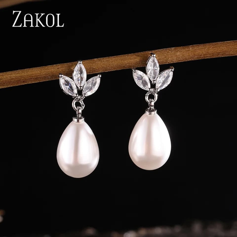 ZAKOL Marquise Zirconia CZ Stone Dangle Earrings for Women Delicate Irregular Pearls Bridal Wedding Jewelry Birthday Gift
