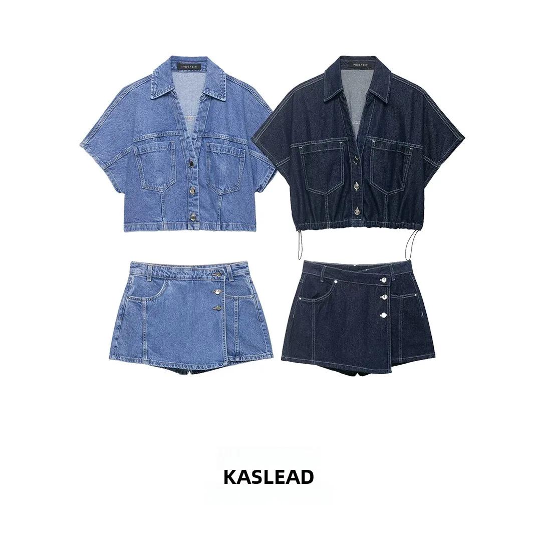 KASLEAD New Women's Denim Shirt And Short Skirt Two-Piece Set High Waist Short Length Spring Fashion Outfit Chinese Brand