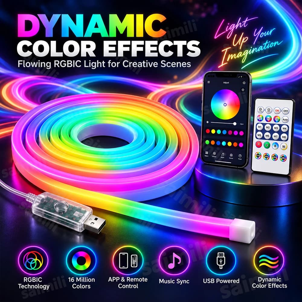 5V Smart RGBIC Neon LED Strip USB 16 Million Colors Dynamic Mode Music Sync Waterproof Flexible For Home DIY Atmosphere Lighting