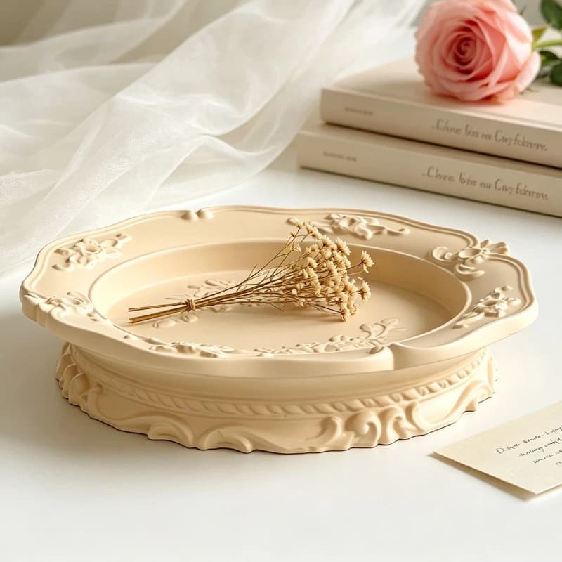 Elegante Stampo in Silicone con Pizzo Barocco Vintage, Vassoio Rotondo Ovale a Rilievo per Gesso, Portaoggetti per Gioielli, Stampo per Sapone e Candele, Regalo Estivo