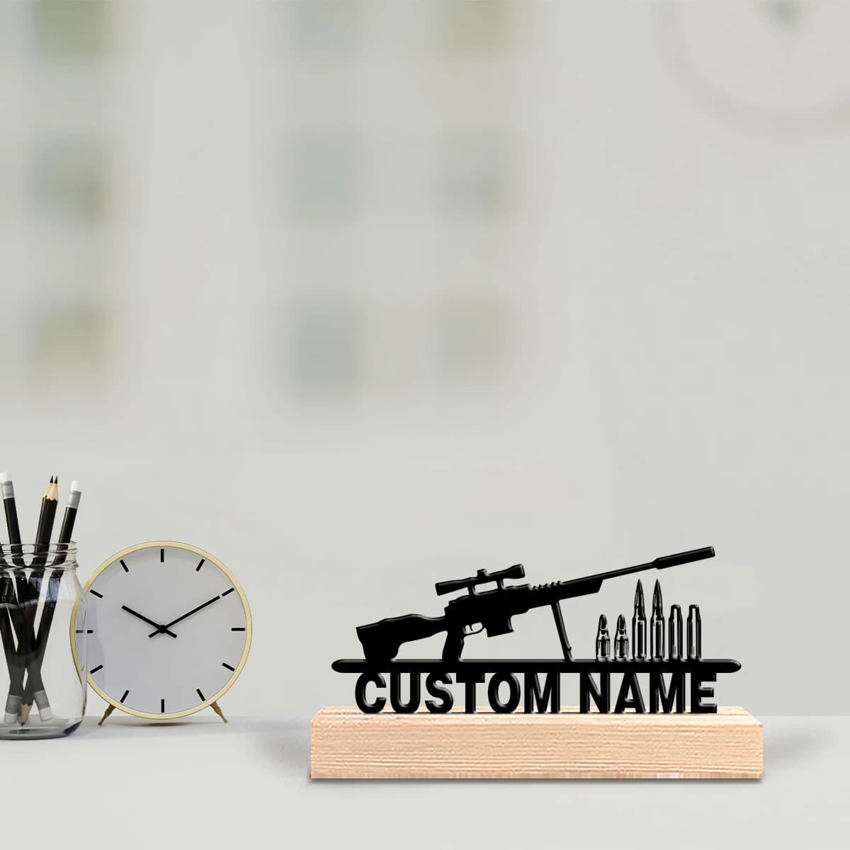 Statua in Metallo Personalizzata di Fucile da Caccia e Proiettili con Base in Legno, Decorazione da Tavolo a Tema Scientifico