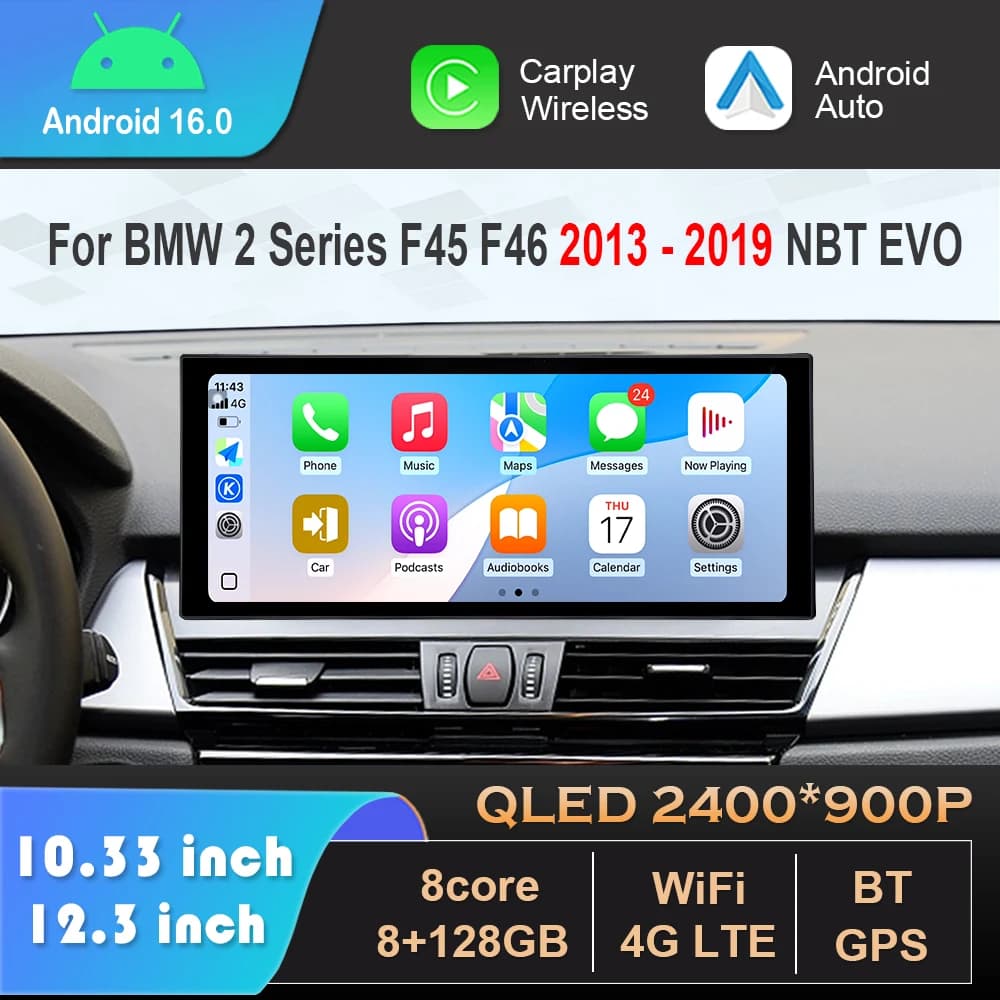 Android 16 per BMW Serie 2 F45 F46 2013 2014 2015 - 2019 NBT EVO Sistema Carplay 4G Wifi GPS Autoradio Video Lettore multimediale