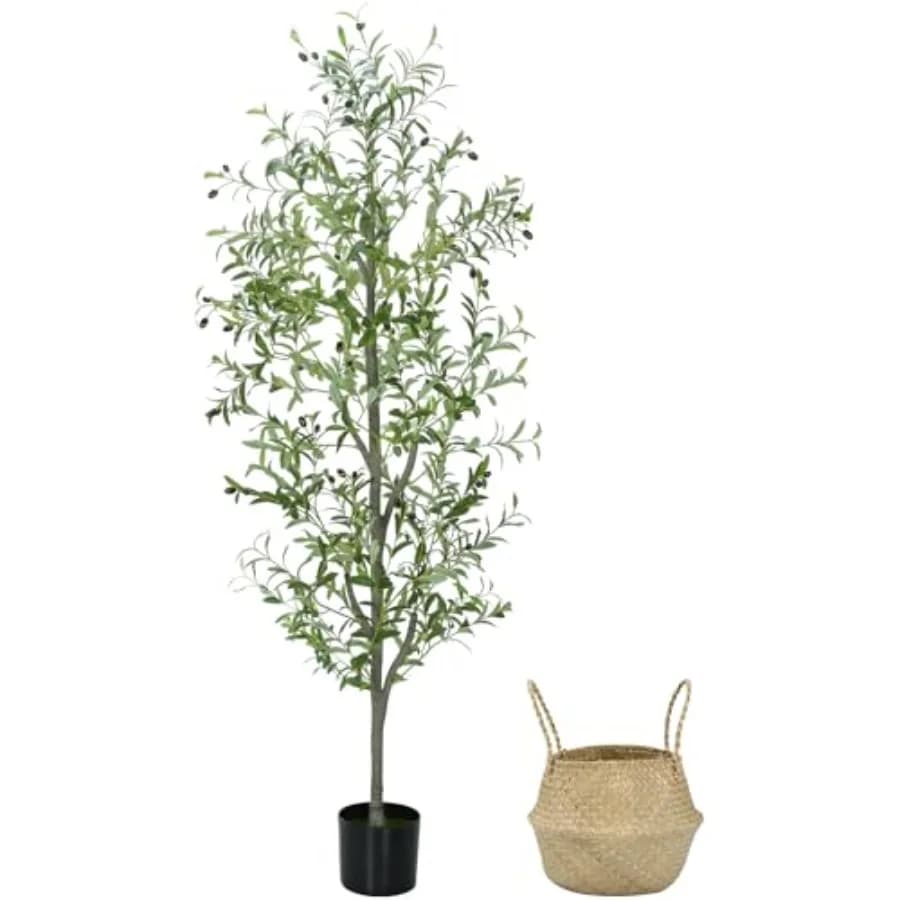 Albero di Ulivo Artificiale da 6 Piedi, Pianta in Seta per Interni, Ulivo Finto in Vaso con Cesto in Vimini, Albero di Ulivo Artificiale Alto