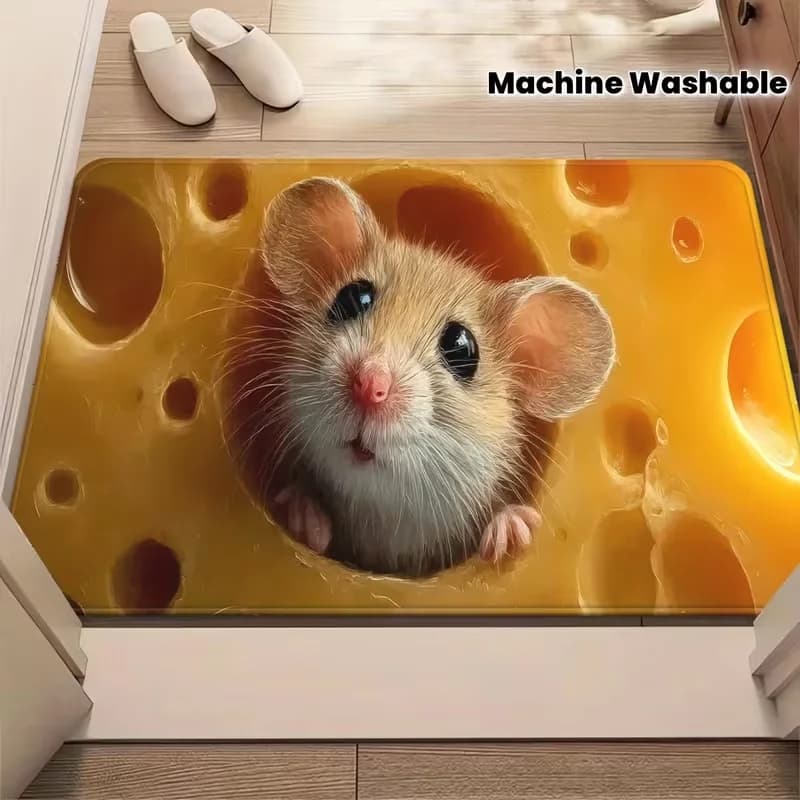 Carpet with mouse pattern popping from a slit, anti-slip, for entrance door, realistic, welcome carpet for interior, home decoration