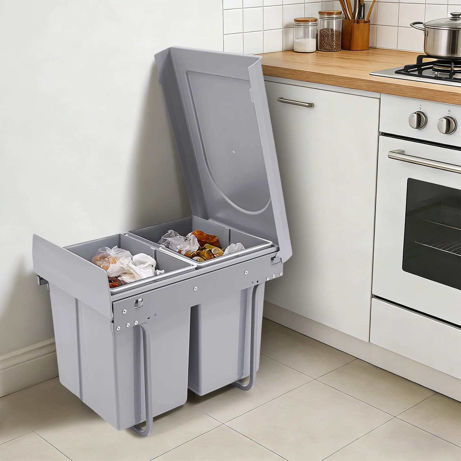 Grey Kitchen Waste Bin, 40L Pullout Recycling Garbage Trash Can, Iron, Plastic Sliding Kitchen Recycle Waste Bin For Homes, Restaurants, Cafes, Offices, Bathrooms, Kitchens