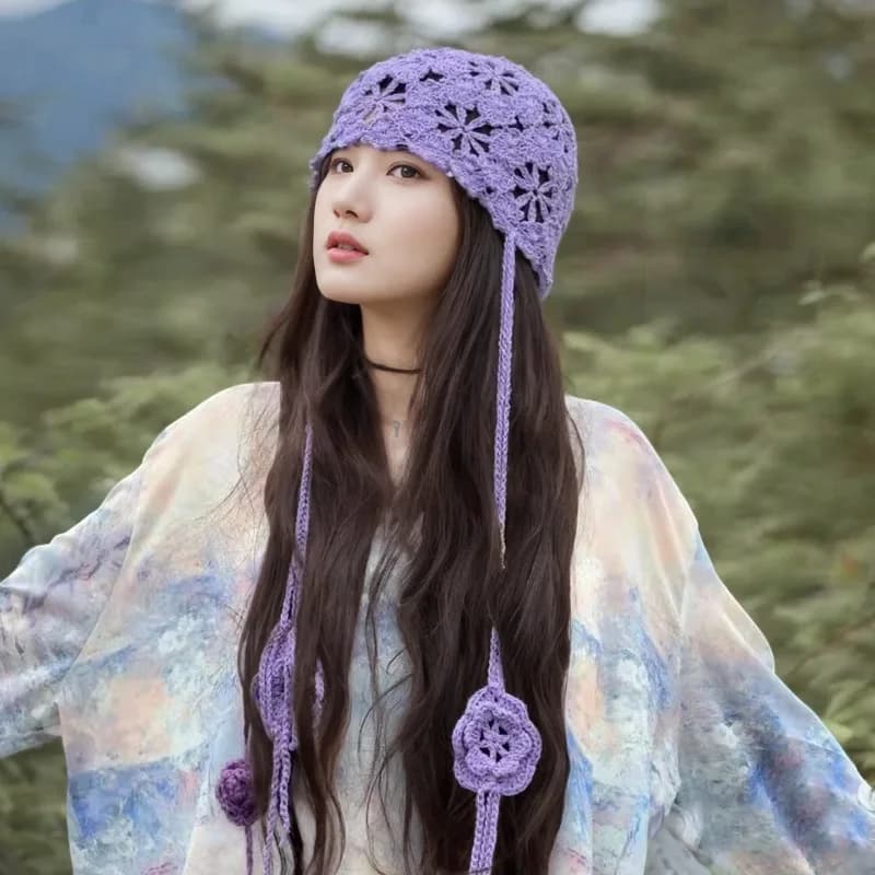 Japanese Hand-crocheted Hollow Knitted Hat Women's Autumn Niche Ethnic Style Breathable Lace-up Short-brimmed Skull Beanie Caps