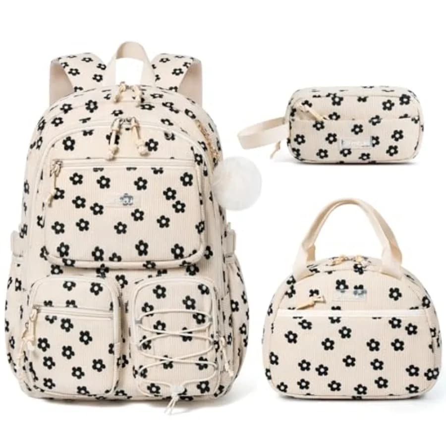 Zaino scolastico per ragazze e ragazzi - Set di 3 zaini in velluto a coste con borsa per il pranzo e astuccio, zaino scolastico leggero per adolescenti taglia L