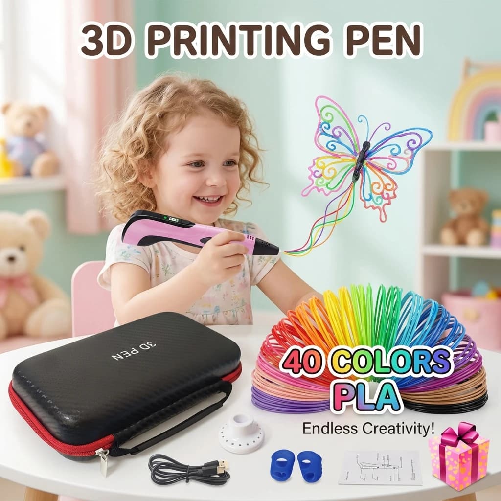3D Pen for Children, 40 Colors, Filament PLA 1.75mm, Birthday Gift and Christmas Gift for Children with Travel Case