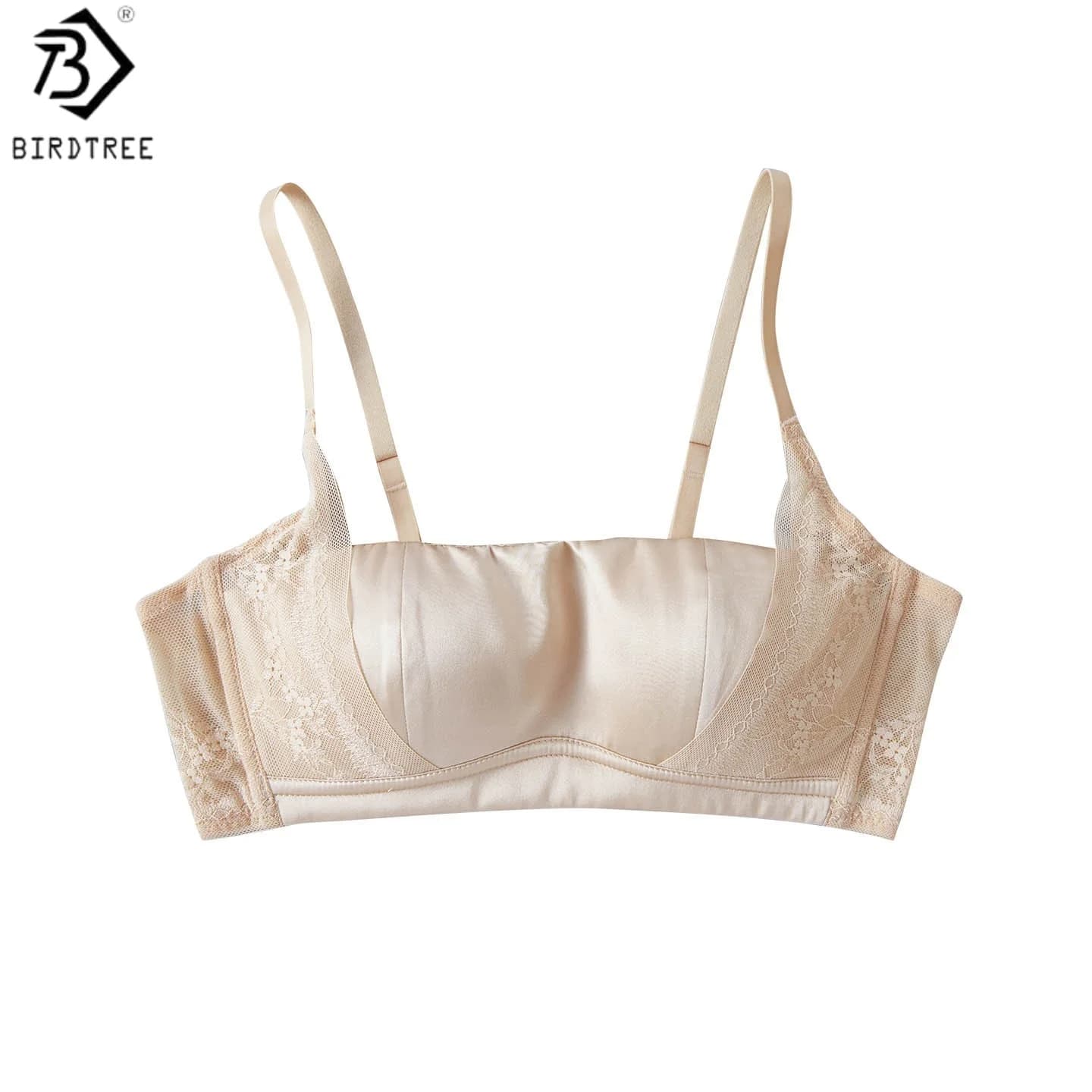 Reggiseno Birdtree, 93% Seta 7% Spandex, Intimo Donna in Raso e Pizzo Senza Ferretto, Coppa 3/4, Elegante e Traspirante, Nuovo 2026 A63426JF