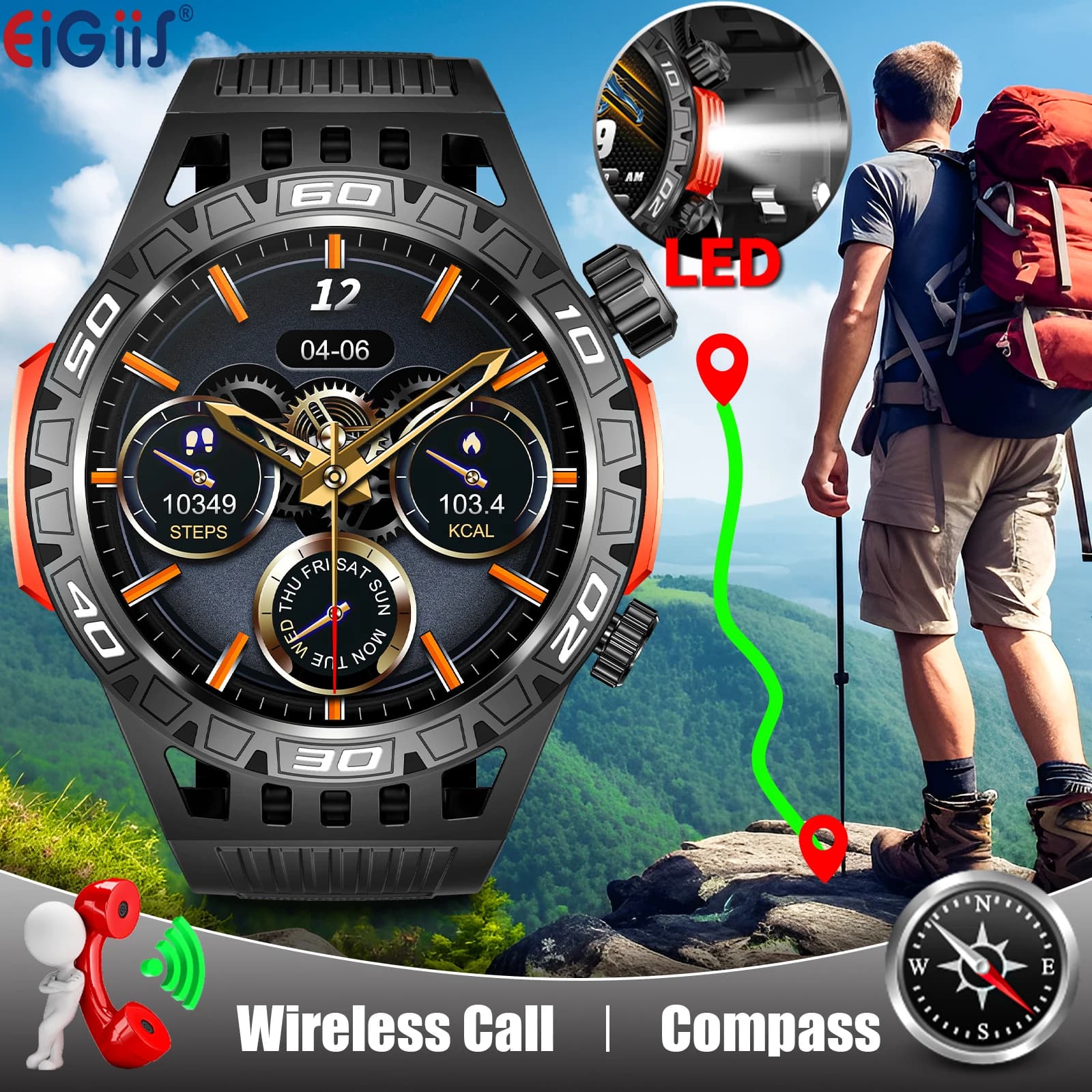 EIGIIS Smart Watch for Men with LED Flashlight Compass 1.46" Full Touch Screen Activity Tracker 450mAh Battery 100+Sports Modes