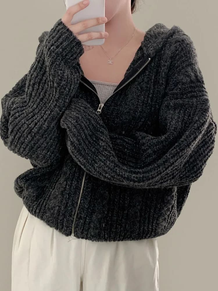 Loose Knitted Sweater Korean Style Lazy Day Double Zipper Hood Long Sleeve Twist Yarn Casual Outerwear Top for Women