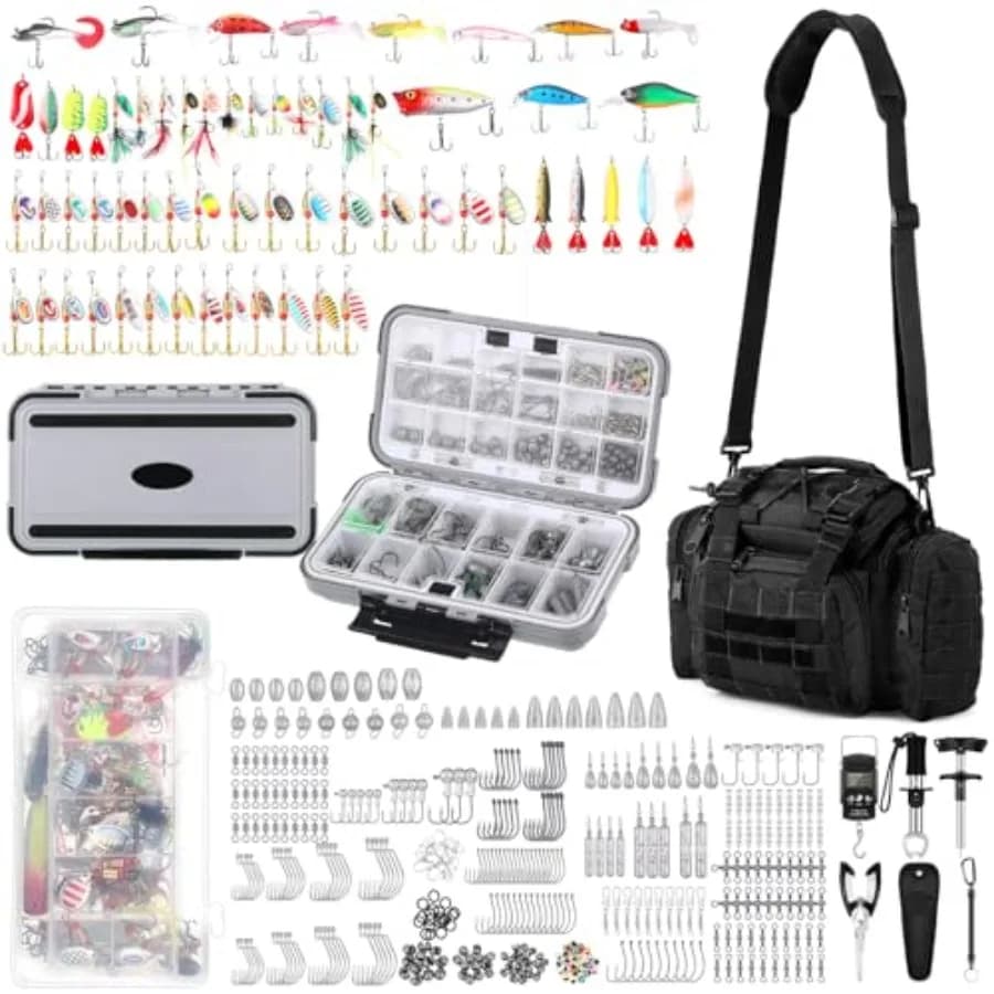 Zaino da Pesca 464 Pezzi con Scatole Porta Attrezzi, Borsa a Tracolla Leggera per Attrezzatura da Pesca, Accessori e Regali per Pescatori