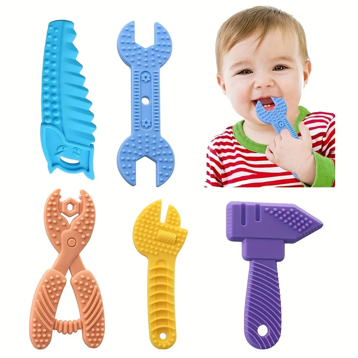 Giocattoli per la dentizione del bambino Congelatore BPA Silicone libero 0-12 mesi Giocattoli da masticare Martello Chiave inglese Forma di pinze con scatola di immagazzinaggio