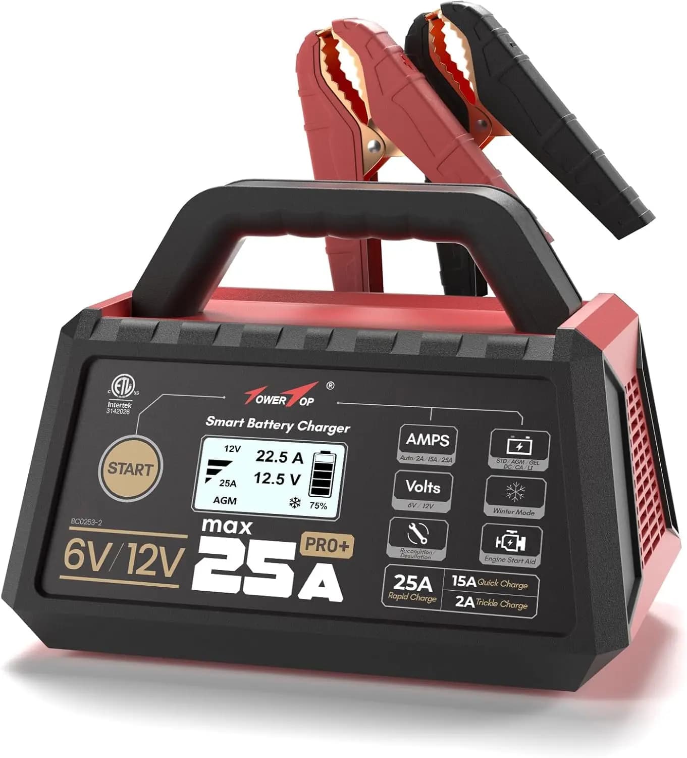 Caricabatteria per auto intelligente 25A Pro+ 6V/12V con avviamento motore, desulfatore automatico per tutte le batterie al piombo AGM LiFePO4