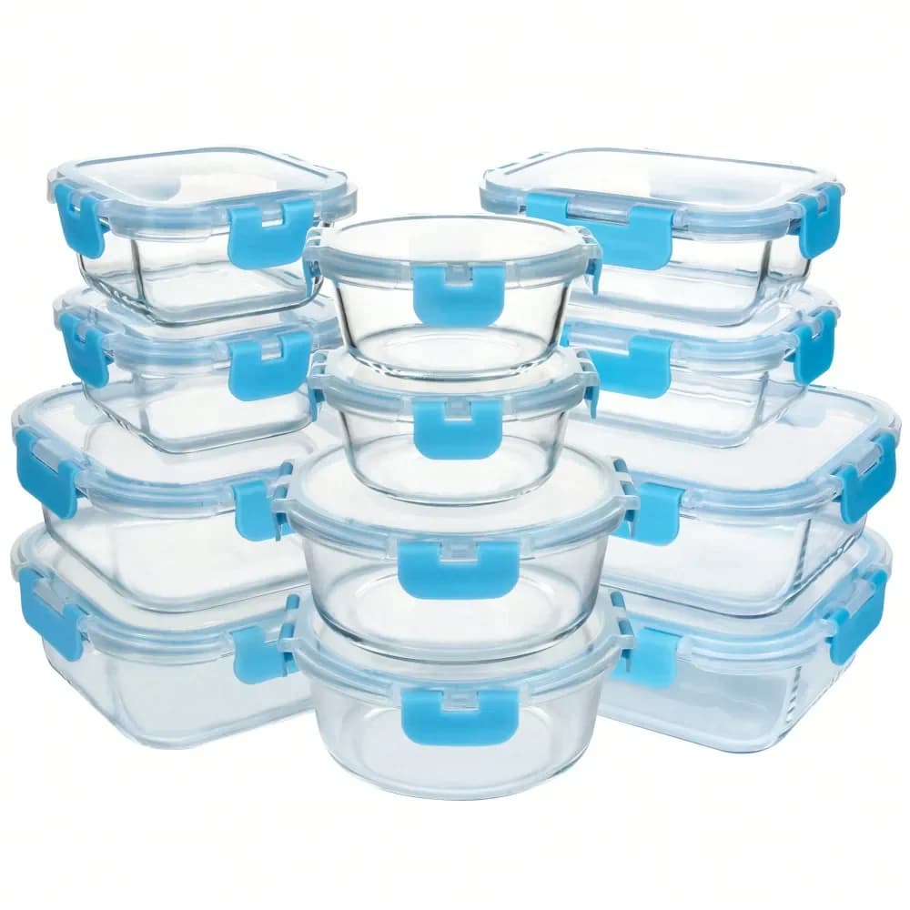 Set di Contenitori in Vetro per Alimenti con Coperchi, 12 Contenitori Ermetici in Vetro per Preparazione Pasti, 12 Coperchi, Contenitori Anti-Perdita per Preparazione Pasti