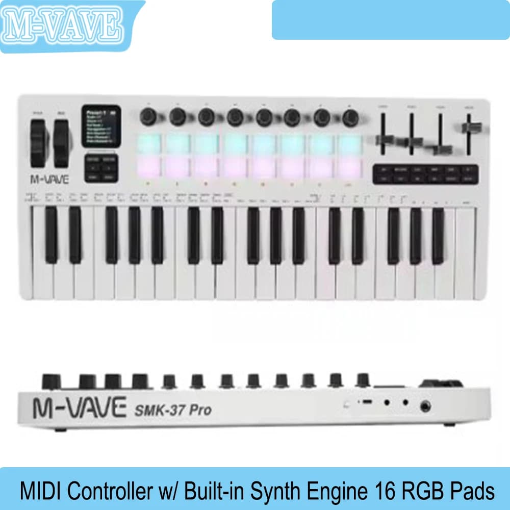 Tastiera M-VAVE PRO SMK-37 Controller MIDI a 37 tasti con motore sintetico integrato 16 pad RGB, wireless, 8 tasti+4 tasti e live/studio ​