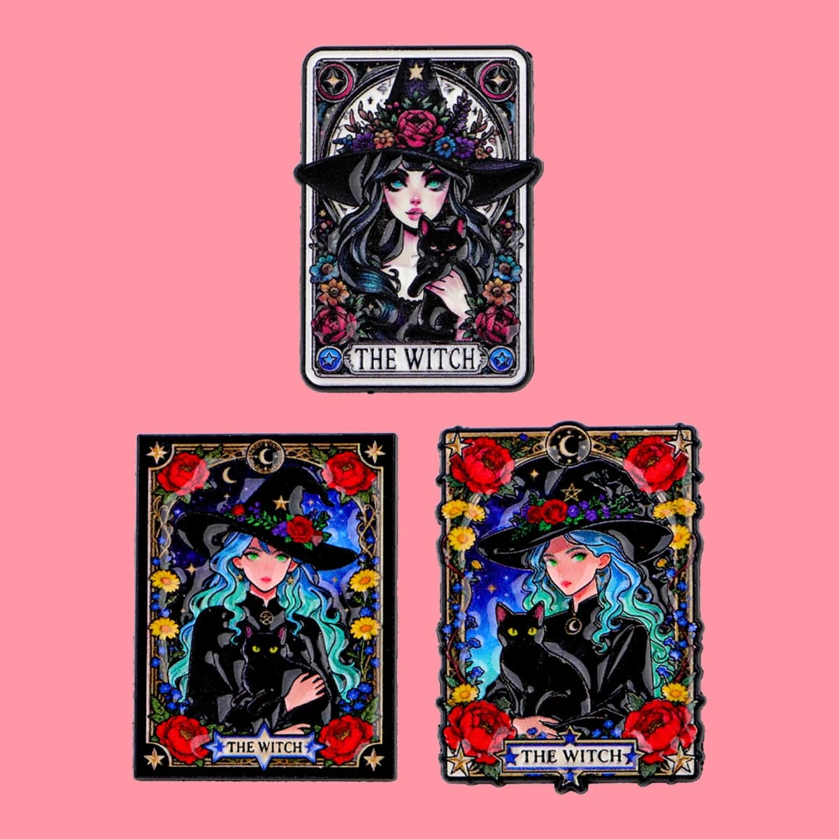 Strega Gatti neri Spille smaltate Carte dei tarocchi Spilla Spilla Distintivo sullo zaino Accessori di abbigliamento Gioielli di moda Regali di Halloween