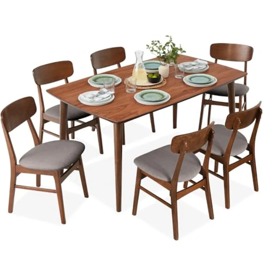 Mid-Century Modern Lunch Set in 7 Pieces Wood with Kitchen Table and 6 Chairs with Padded and Curved Pillows