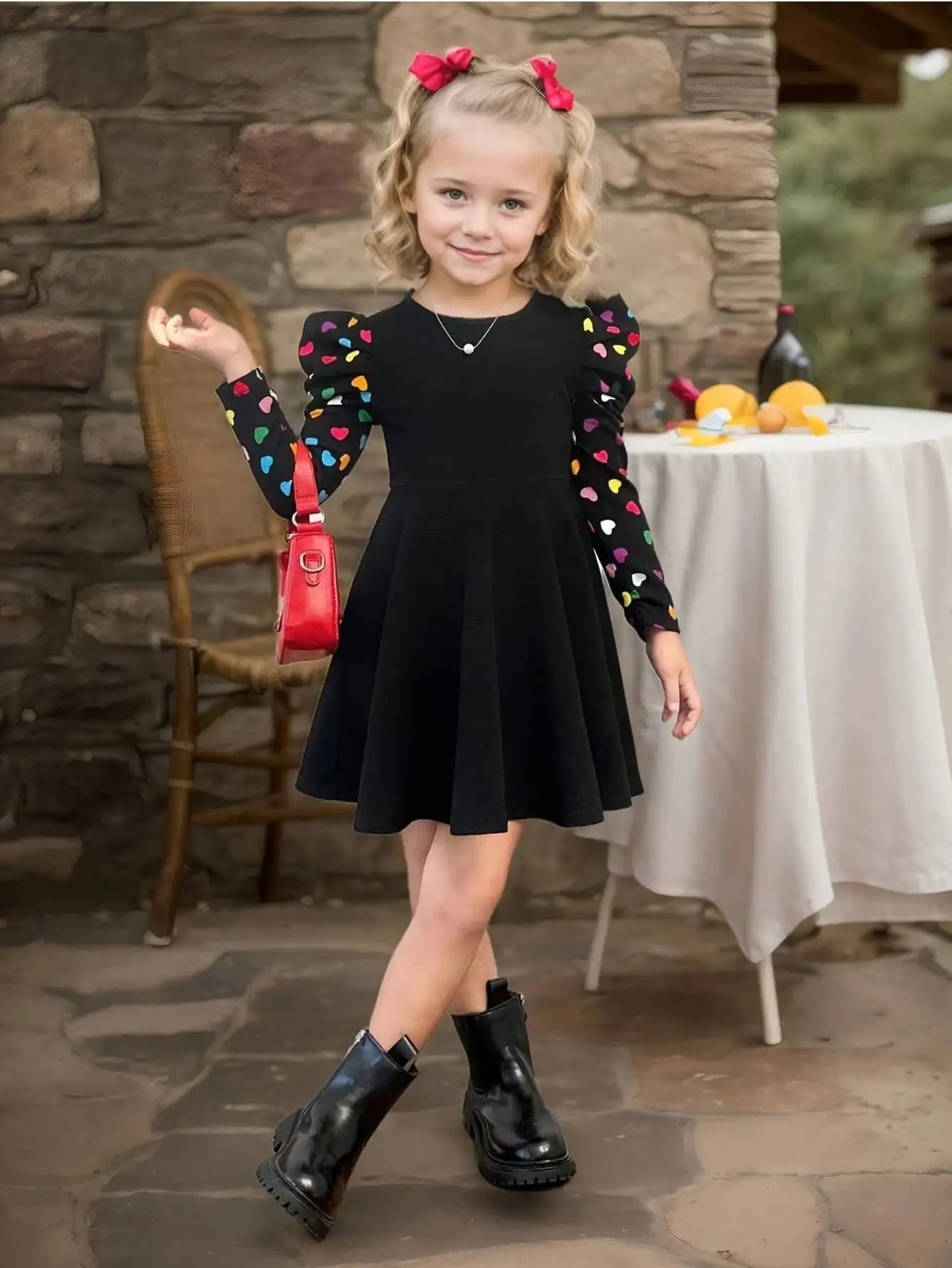 Elegante vestito lavorato a maglia per ragazze, stile con volant a girocollo e maniche lunghe, stampa colorata a forma di cuore, stile popolare
