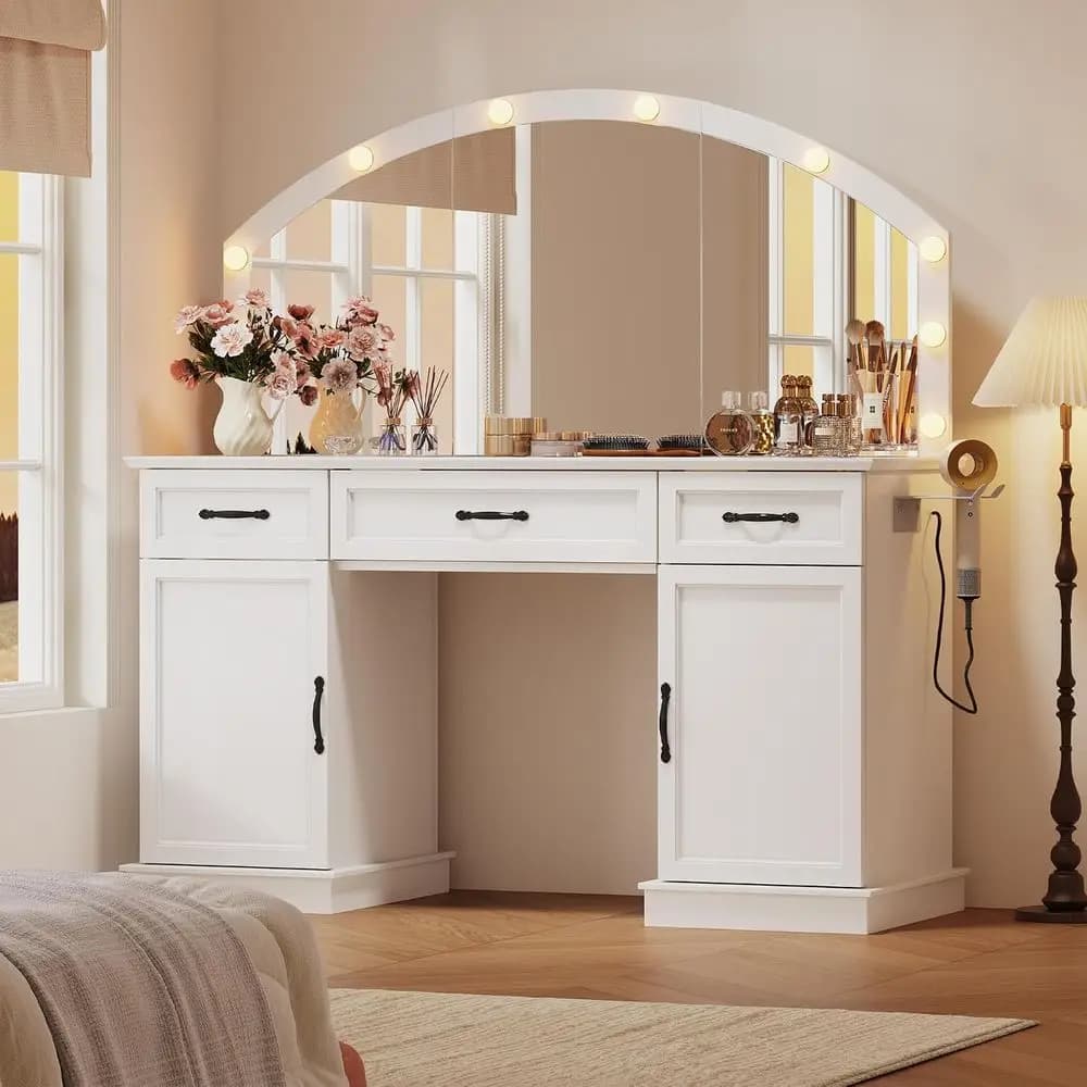 Vanity Table with Mirror and Lights, 55" Large LED Makeup Mirror with 3 Color es, ern Dring Table with Ders and Cabi, HD Glass T